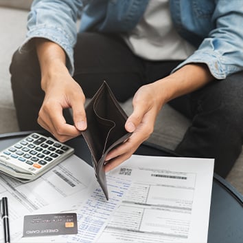 Debt financial concept, stressed problem people asian man, male hand open empty wallet not have budget of money to pay no have credit card, not able payment bill, loan or expense with bank, bankruptcy